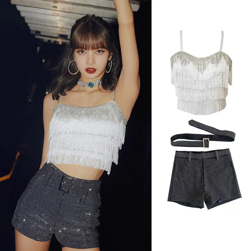 

Jazz Clothes Shiny Fringe Vest Rhinestone Shorts Kpop Hip Hop Clothes Festival Clothing Rave Outfits Pole Dance Clothing