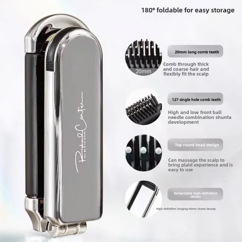 Silberne Schleifenförmige Faltbare Haarbürste mit Eingebautem Spiegel, 180 ° Tragbarer Mini-Taschenmassagekamm für Frauen, zum Mitnehmen beim Outdoor-Make-up – Detail 7