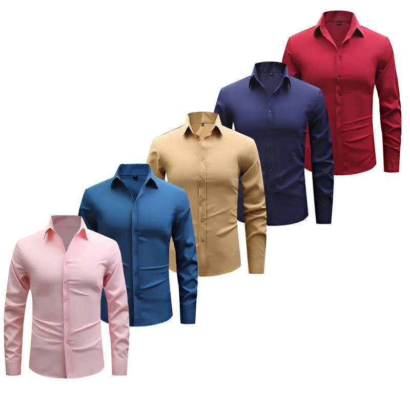 Men's Regular Fit Color Business Longsved Shirt Polyester Fiber Short Sleeve Pure Color Embroidery Logo Casual Shirt