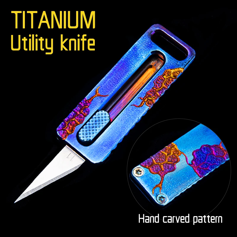 Blue Utility Knife Titanium Paper Cutting Tool Knife Push Pull Knife Outdoor Multifunctional Portable Knife Collection EDC Gift