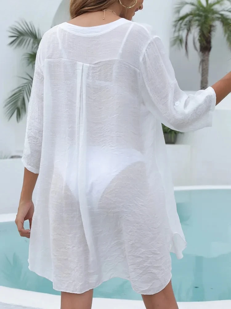 Vestido de playa de manga corta para mujer, traje de baño brasileño Sexy con cuello de pico, Bikini holgado, liso