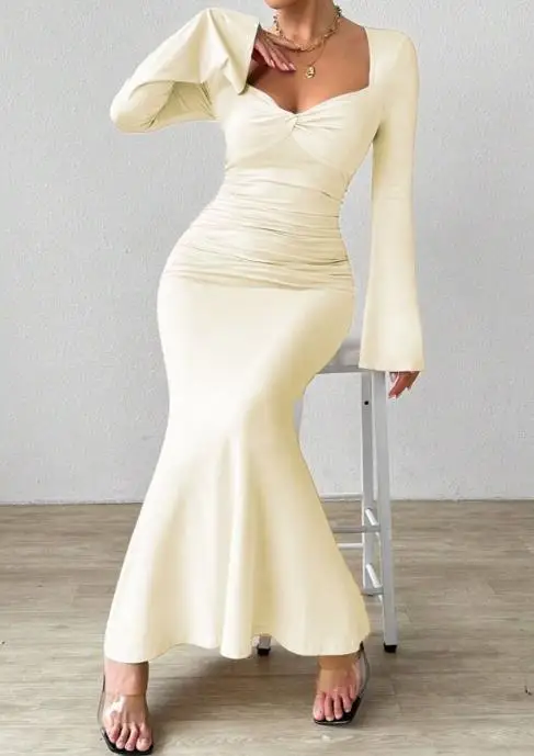 Vestido ajustado para mujer, novedad de verano, estilo, cuello en V, diseño plisado, estilo maduro, mangas de trompeta sexis, falda de cola de pez que abraza la cadera