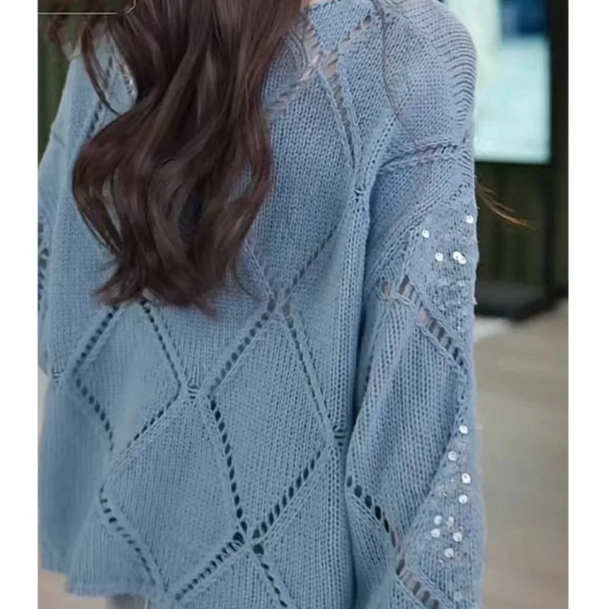 Pull Boho Chic à manches longues et col rond pour femme, coupe ample, au Crochet, polyvalent, paillettes brodées, haut en tricot pour l'automne et l'hiver