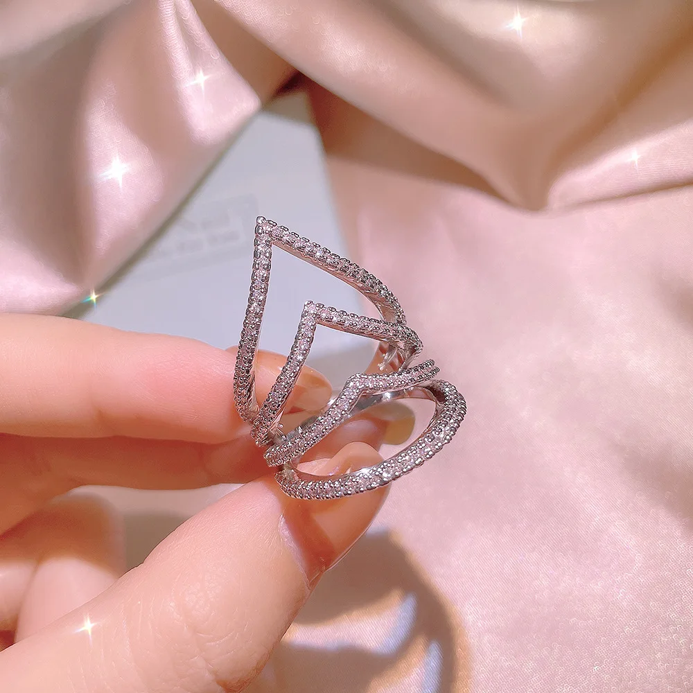 Women's 925 Silver Geometric Zircon Ring, Irregular Design