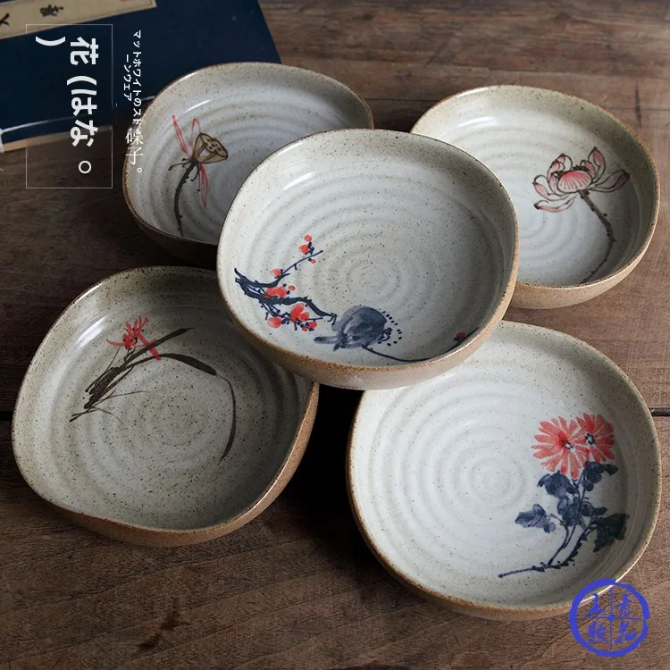 Hand-Painted Chinese Sle Cerc Plate Vintage Glazed Undercolor Coarse Porcelain Square Sna Nut Di Tea Accories