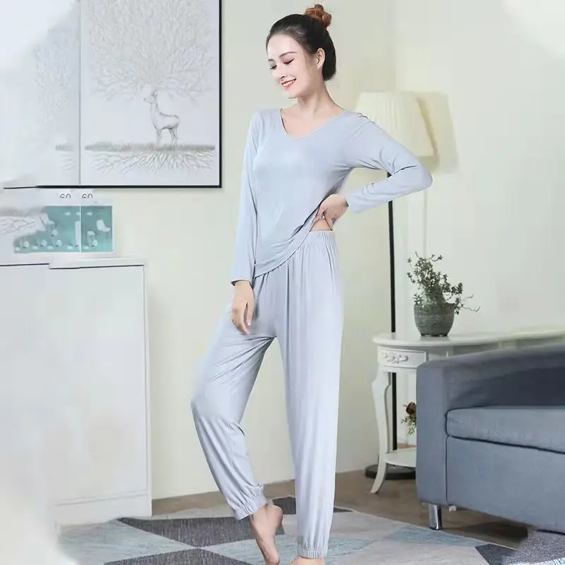 2024 Spring Summer New Ladies Modal Pajamas Two-piece Suit with Chest Pad Long-sleeved Cropped Trousers Home Service Set E93