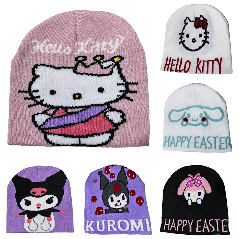 Anime Cartoon Sanrio Hello Kitty Kuromi Melody Warmth Knitted Hats Women Men Outdoor Pullover Hat Winter Ear Protection Beanies