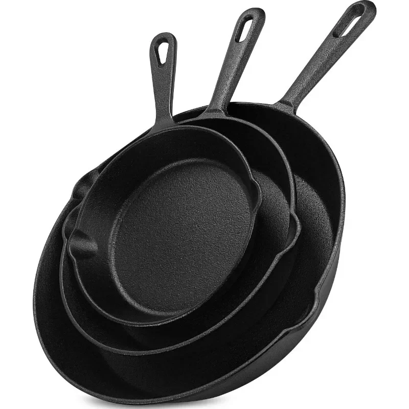 

Saute Fry Pan - Pre-Seasoned Cast Iron Skillet Set 3-Piece - Frying Pan - 6 Inch, 8 Inch and 10 Inch Cast Iron Set (Black)