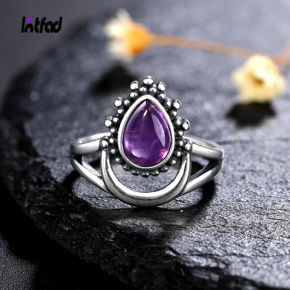 New Vintage 925 Silver Jewelry Finger Rings For Men Women 6*9mm Water Drop Natural Amethyst Wedding Anniversary Party Gifts