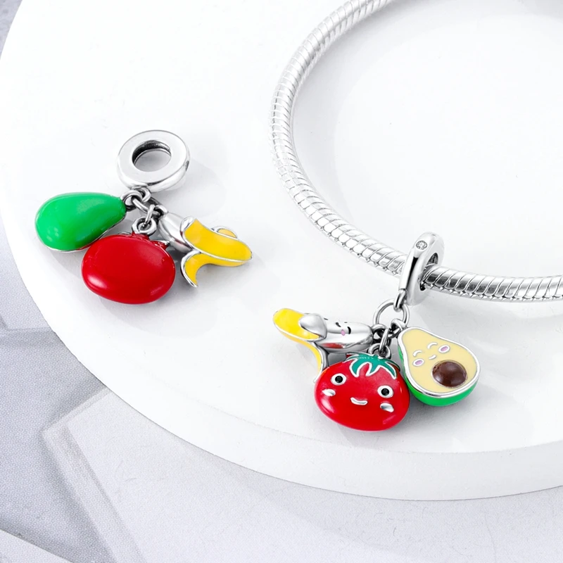 Dijes de Plata de Ley 925 para pulsera Pandora, dijes originales de fruta, sandía, cereza, aguacate, fresa, plátano, piña, joyería