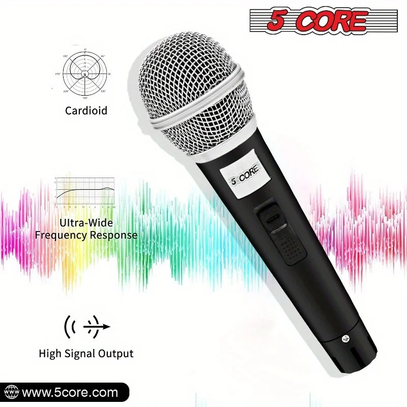 5Core Dynamic Handheld Microphone，With Open/off Switch，Heart-shaped Unidirectional Pickup，XLRCables and Clips - Suitable for s