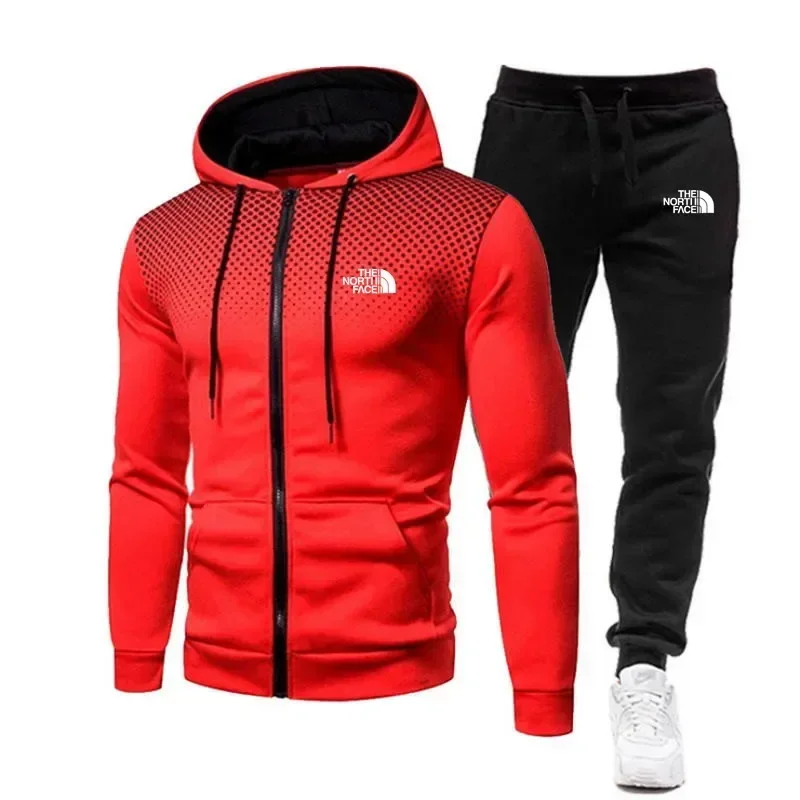 Autumn and winter new men's casual hooded sweatshirt sportswear, outdoor windproof men's zipper sweatshirt and pants 2-piece set