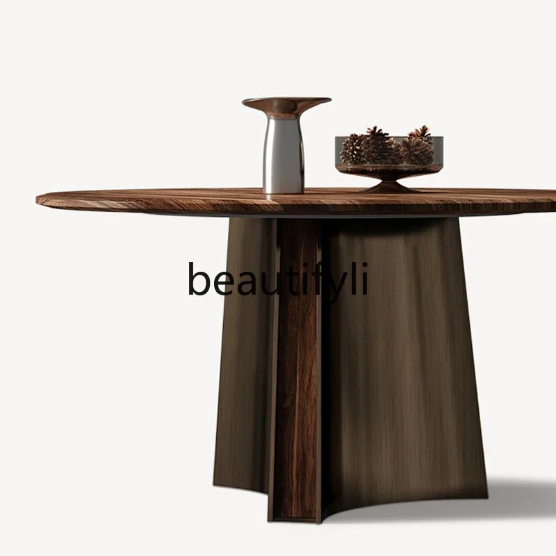 

Italian light luxury North American black walnut dining table villa high-end solid wood round dining table0420