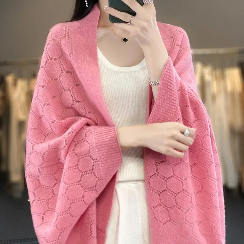 

Women's Open Cardigan Woolen Shawl Hollow out Design Autumn Winter Fashion Outerwear Loose Fit Qipao Coat Stylish Korean Style