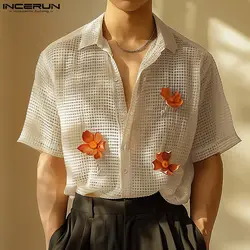 2024 Men Shirt Mesh Flower Decoration Lapel Short Sleeve Men Clothing Transparent Streetwear Summer Fashion Camisa INCERUN S-5XL