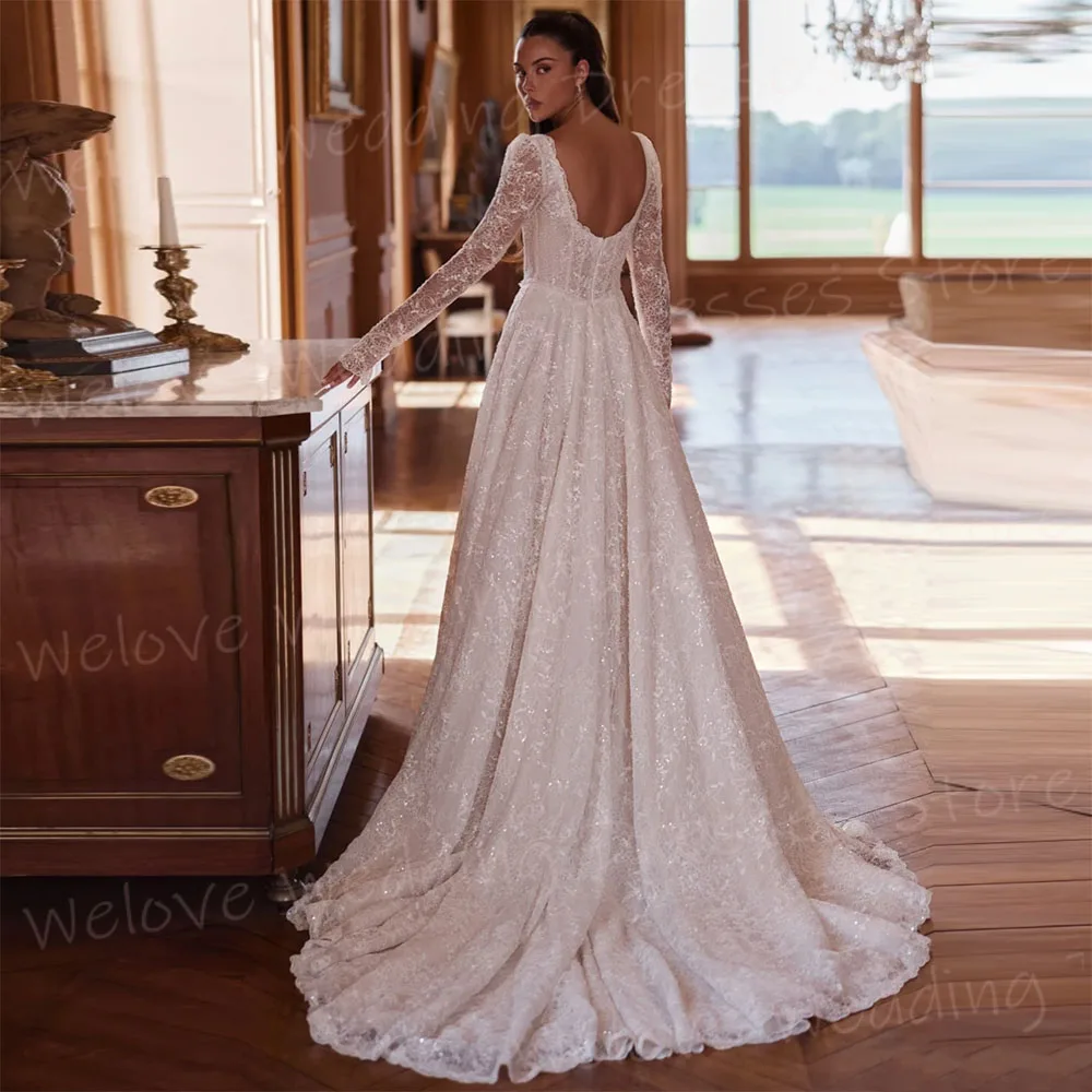 Luxurious A Line Women's Shiny Lace Wedding Dresses Robe De Mariée Customized Bride Gowns Long Sleeve Backless Vestido De Novia