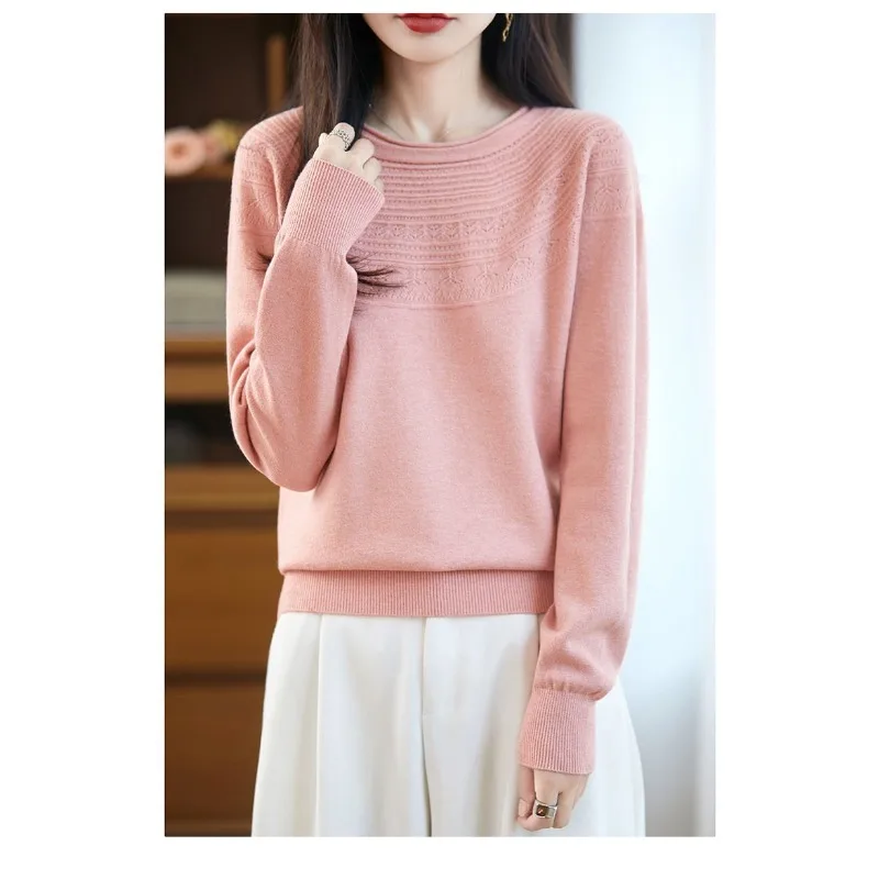 Autumn and Winter New Style Curled Round Neck Hollow Woolen Sweater Knitted Bottoming Sweater Pullover Top Loose Pullover