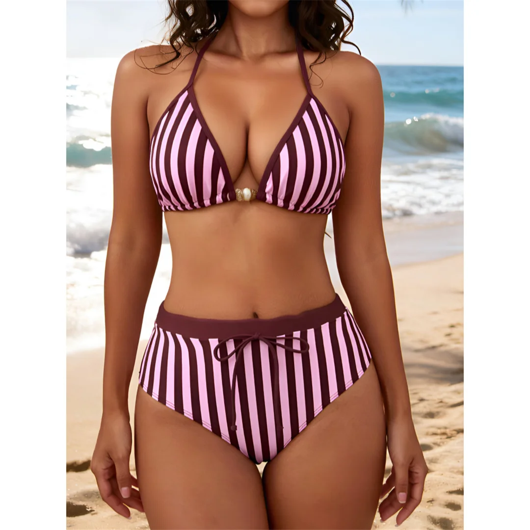 S - XL 2026 Gestreifter Neckholder-Badeanzug für Damen, High-Waist-Bikini, zweiteiliger Bikini-Set, Badebekleidung, Badeanzug, Schwimmanzug V8233 – Detail 2