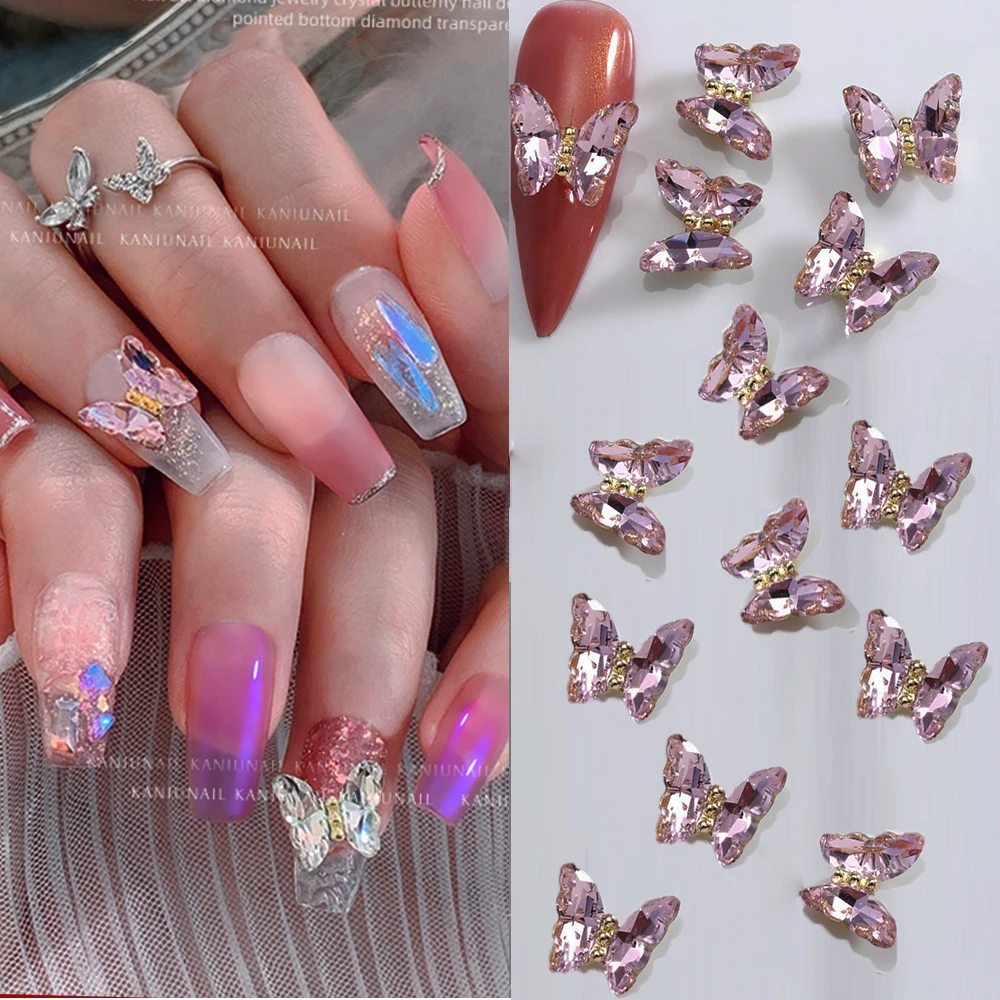 

10 шт. розовый/прозрачный циркон, бабочка, стразы для дизайна ногтей, 12x10 мм, роскошная розовая бабочка, 3D ледяная Аврора, розовая бабочка, маникюрная часть