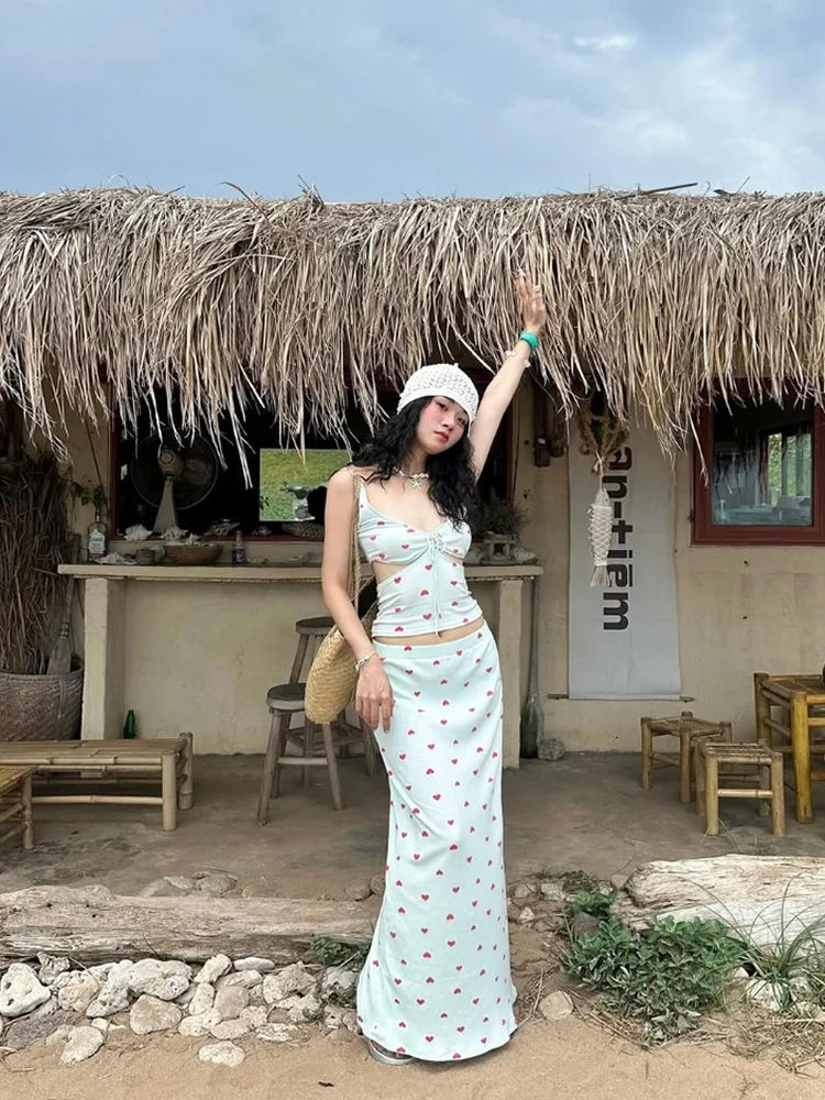 

Holiday Style Heart Print Bikini Long Dress Women's Four Piece Set Beach Thermal Spring Break Beachwear Island Beach Swimsuit