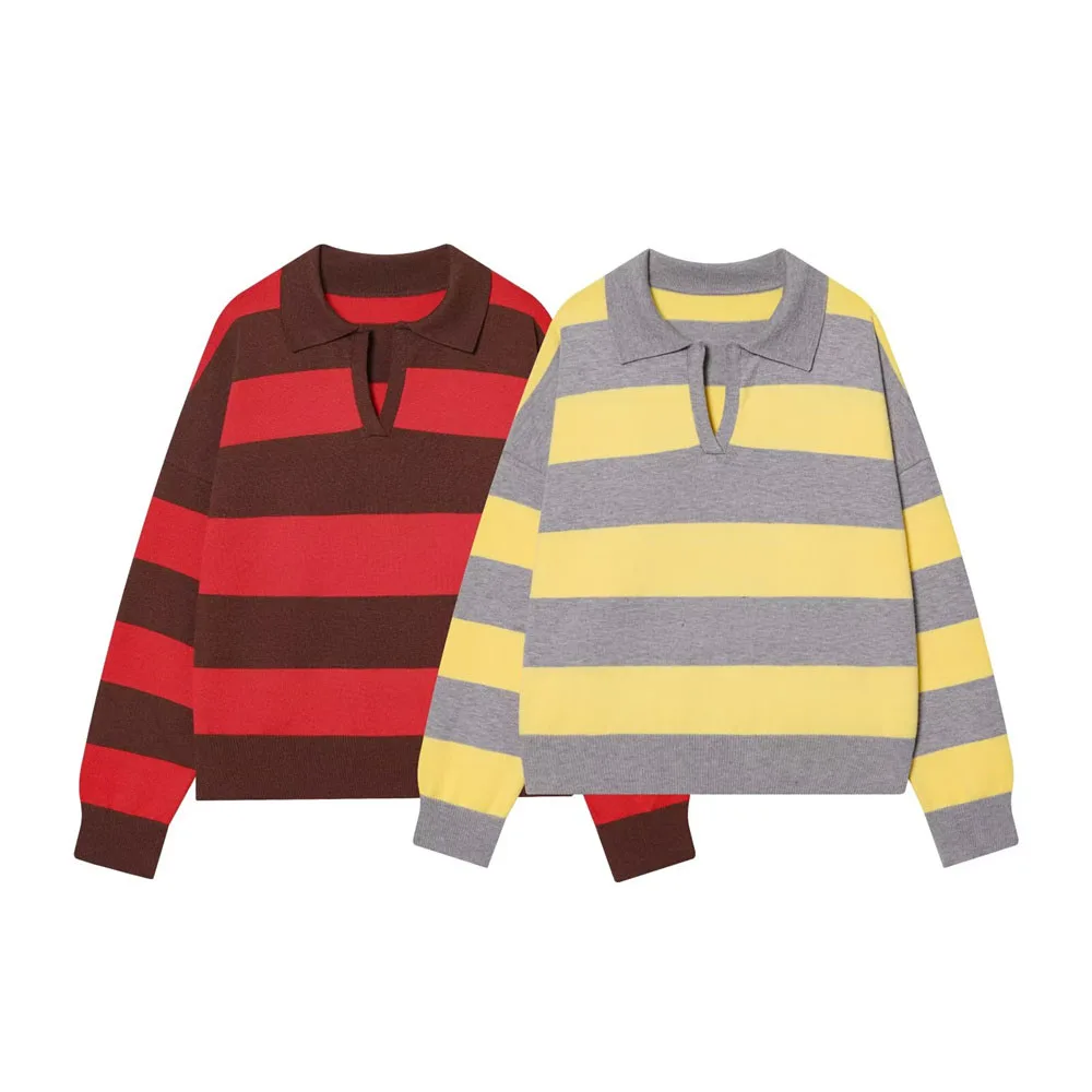 

Winter New Women's Fashion Versatile Striped Long Sleeve POLO Collar Knitted Shirt