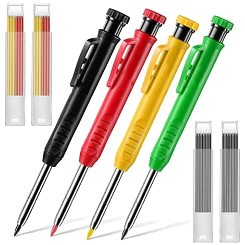 4 Pack Woodworking Pencil Set With Refill 2.8Mm Built-In Sharpener Woodworking Tools Deep Hole Construction Pencil