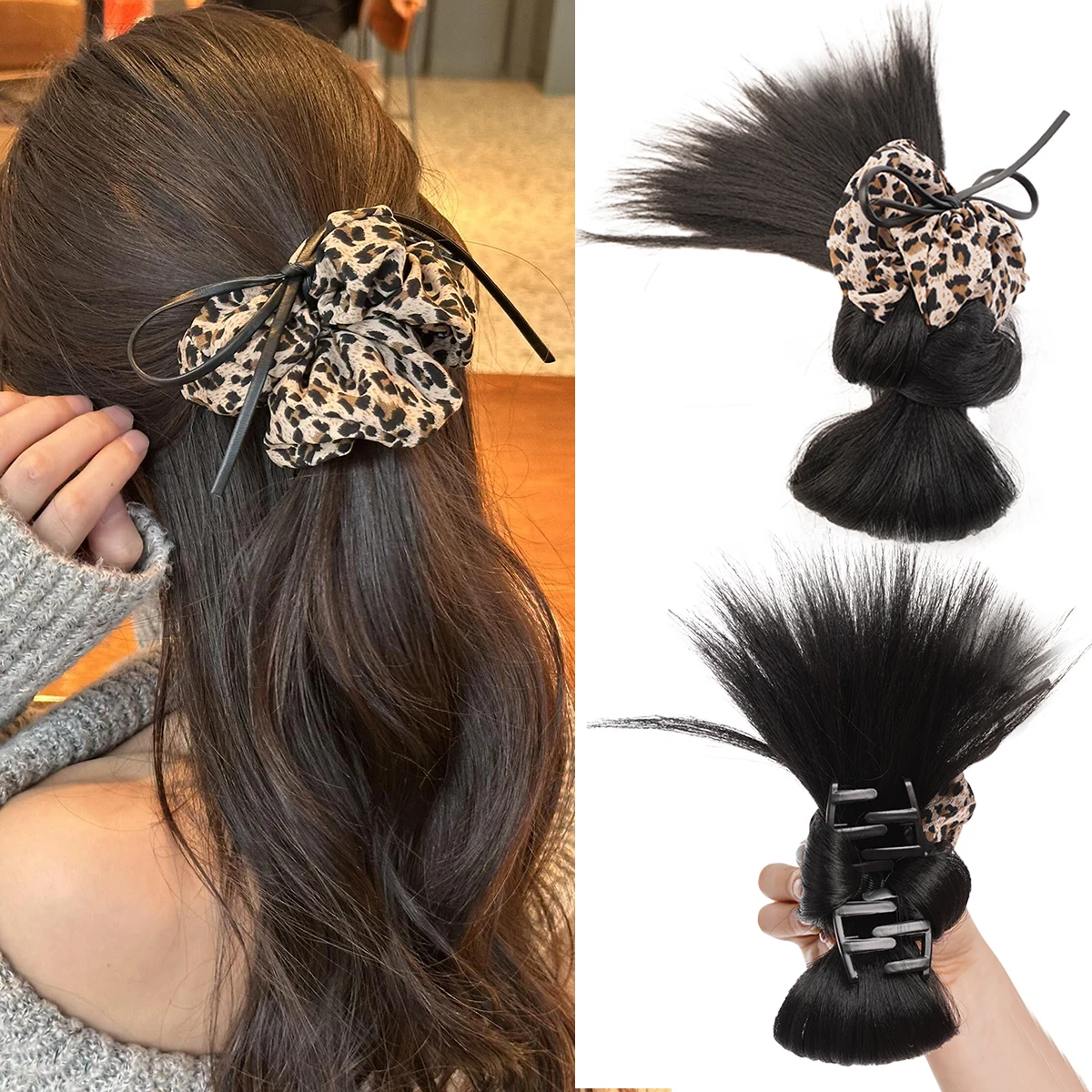 

Synthetic leopard pattern grab clip meatball hair bun natural soft fluffy wig woman ponytail extension clip hair elegant style