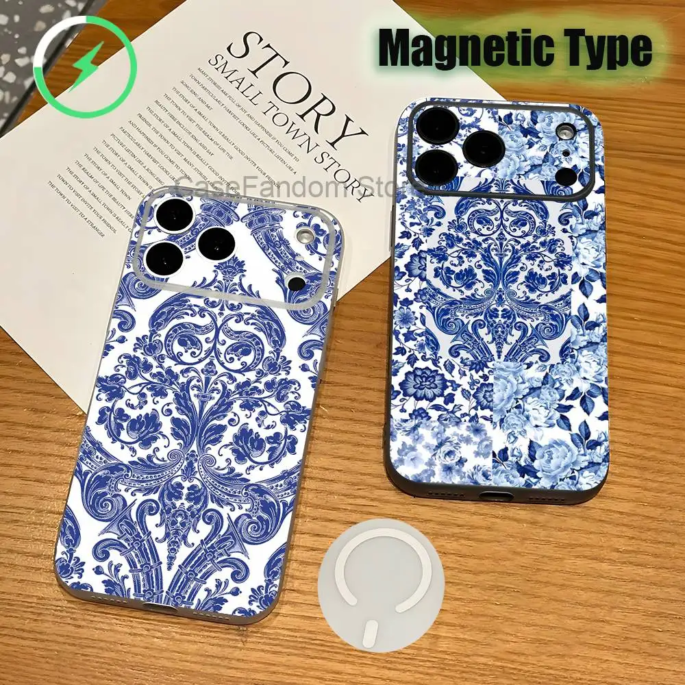 

Прозрачный белый чехол для телефона из польской керамики Boleslawiec с магнитной беспроводной зарядкой для iPhone 17, 16, 15, 14, 13, 12, 11, Pro, Max, Plus