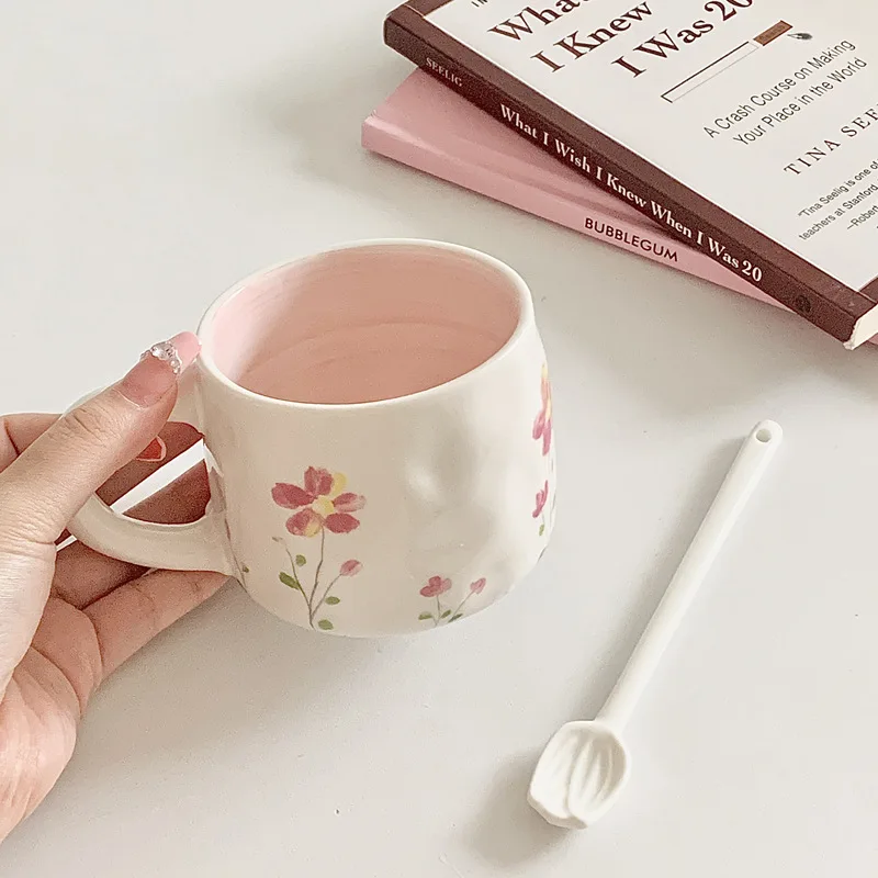 Korean-style Pink Coffee Cup Ins Style Ceramic Cup and Saucer Set Mug Hand-painted Lovely Girl Heart Afternoon Tea Heart Plate