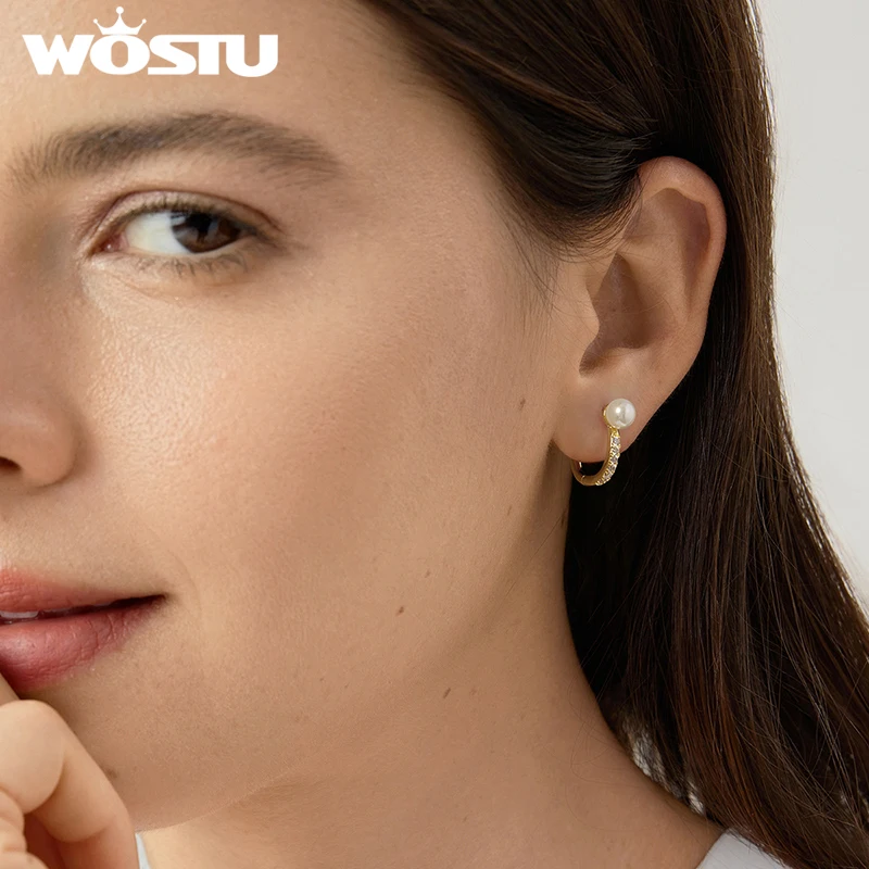 WOSTU 14k Gold Plated Pearl & Zircon Huggie Earrings with 925 Silver Needle, Hoop Earrings Mother's Day Hypoallergenic Gift