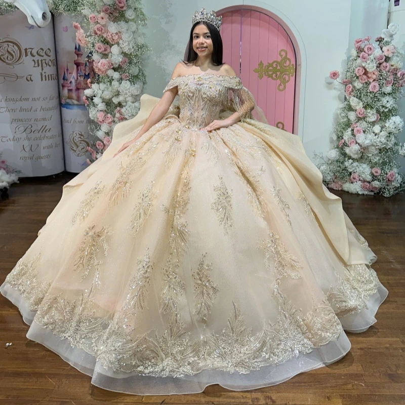 

Champagne Shiny Quinceanera Dresses Off The Shoulder Sequin Applique Lace Beading Crystal Tull Corset Party Birthday Sweet 16
