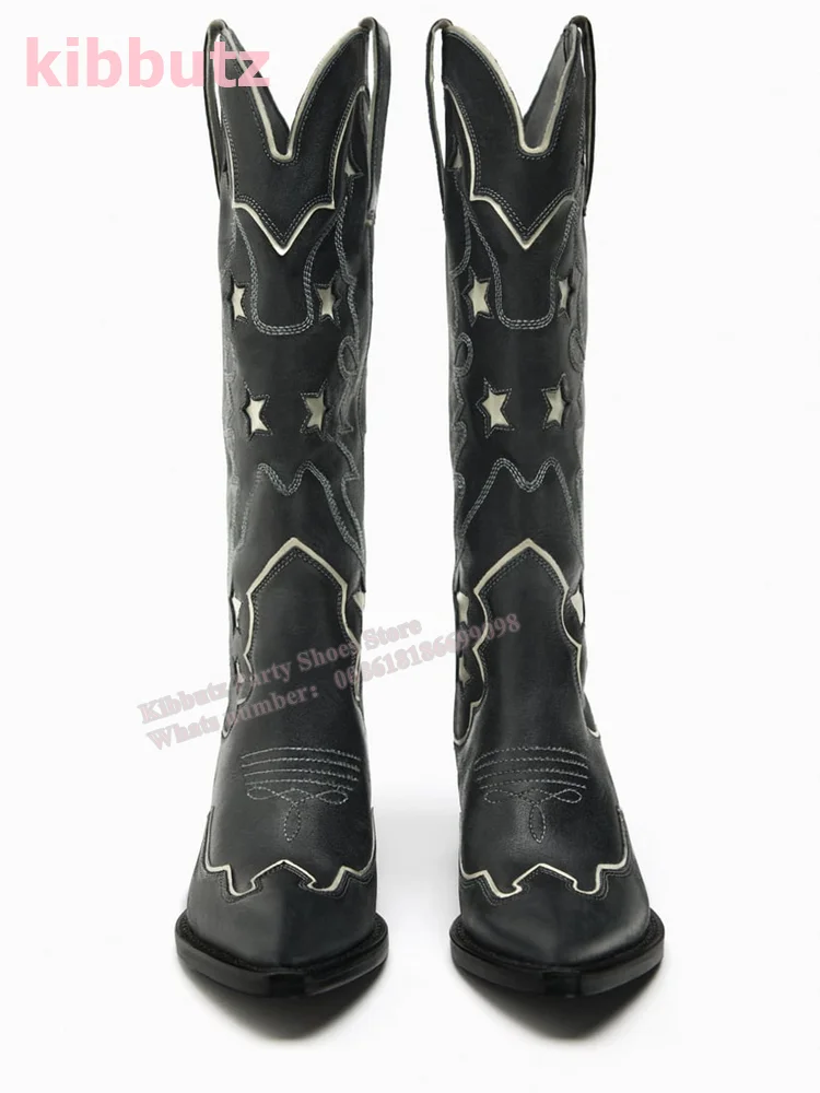 Embroidery Knee High Boots Cowboy Stars Genuine Leather Flat Side Zippers Pointed Toe Square Heel Fashion Concise Women Shoe New