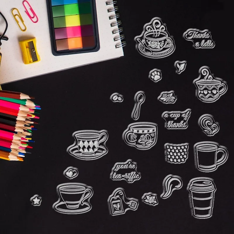 1Sheet Coffee Cup Silicone Clear Stamps with Flower and Spoon Pattern for Christmas Birthday Cards Making DIY Scrapbooking
