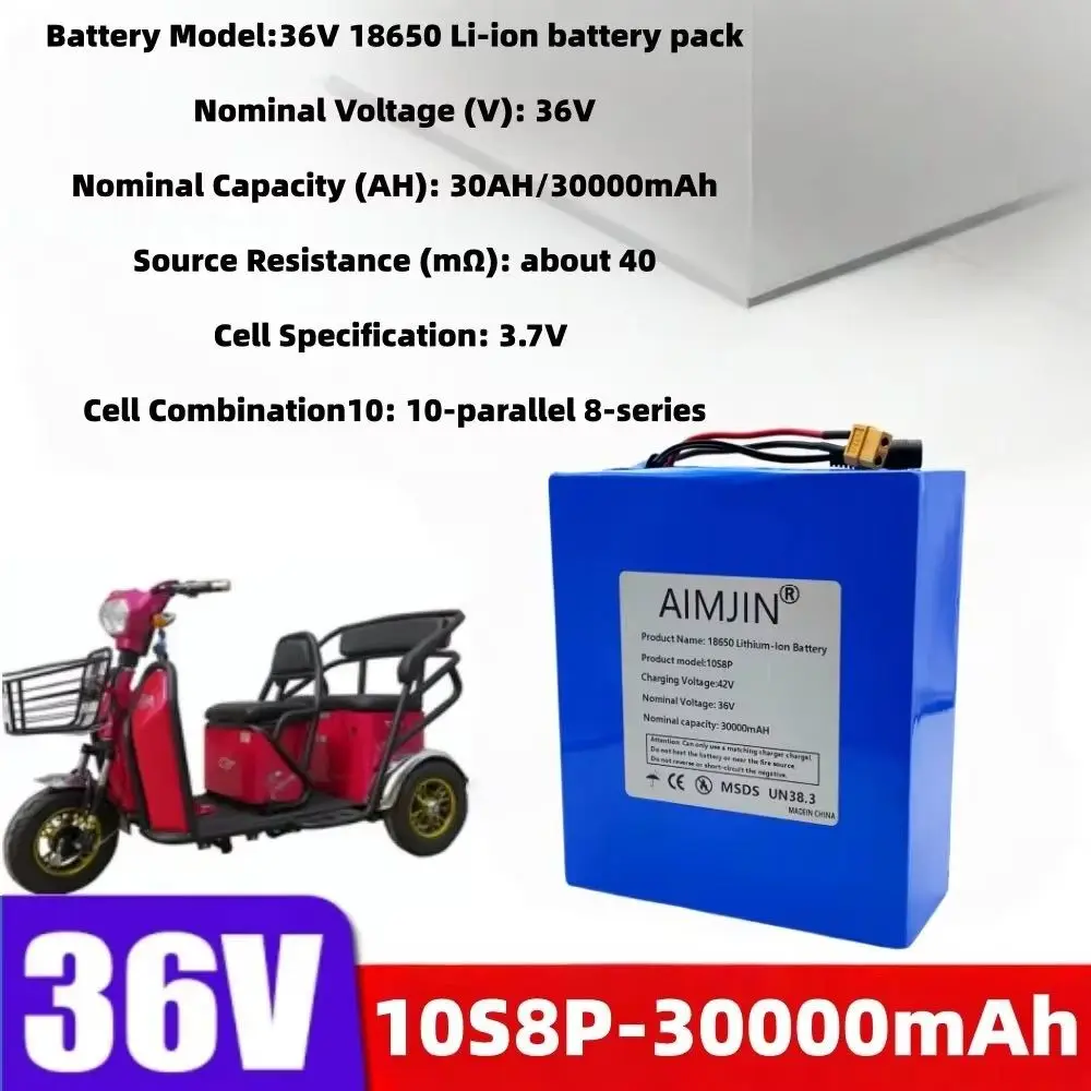 1500W high-power built-in BMS 36V 30Ah 18650 10S8P A-class lithium battery pack, , suitable for various energy storage backup