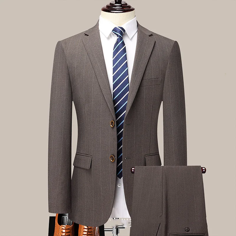 

KIDWHXR Man 2-piece Set British Style Striped Single-breasted Blazer Male Straight-leg Pant Men Slim Business Casual Suit Outfit