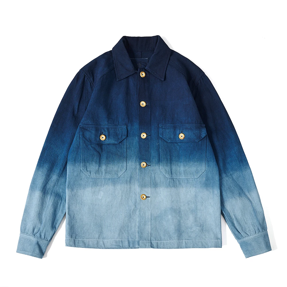 Vintage Herringbone Cargo Indigo Jacket Men Spring Autumn New Lapel Multi-pocket Gradient Blue Dyed Jacket Casual Cardigan Coat