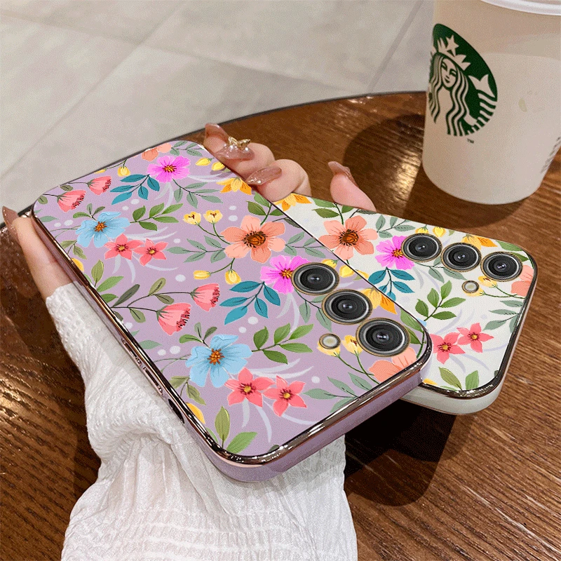 A55 Colorful Flowers Luxury Plating Phone Case For Samsung A55 A54 A15 A05S A04S A34 A35 A14 A24 A24 M14 M54 F54 M15 F15 Cover