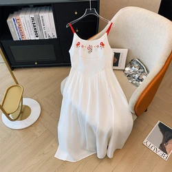 Plus size women's Spring Summer Fall Casual slip dress White chiffon fabric Chinese style embroidered MIDI party commuter dress