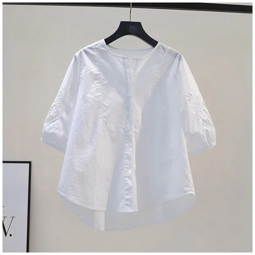 Chic Embroidery Hollow Out Thin Blouses 2023 Summer Loose Half Sleeve Women\'s shirts Korean Fashion Blue Blusas O-Neck Tops