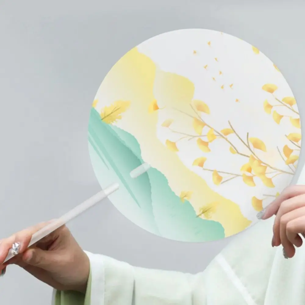 Frosted Fan Handle Ancient Long-handled Fan High-looking Color Printing Handheld Round Fan Translucent Anti-break