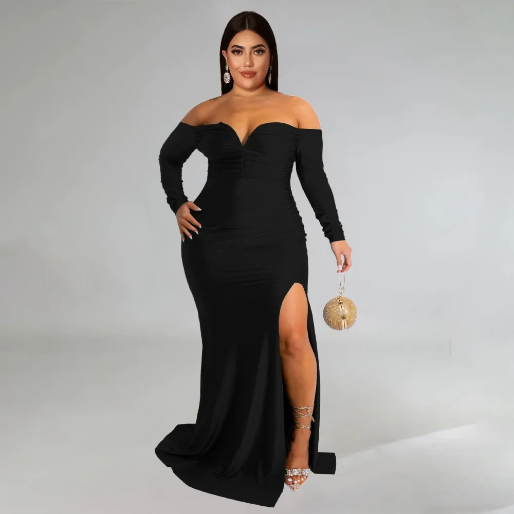 KEXU Sexy High Split Elegant Evening Dresses Plus Size Women Celebrity Party Maxi Dress Full Sleeve Strapless Bodycon Long Dress