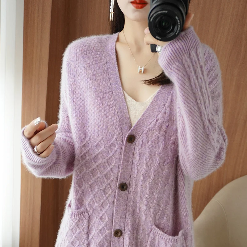 2023 Autumn Winter New 100% Pure Wool Cardigan Sweater Women's Solid Color Loose Thicken Fashion Female Long Sleeve Knitwear