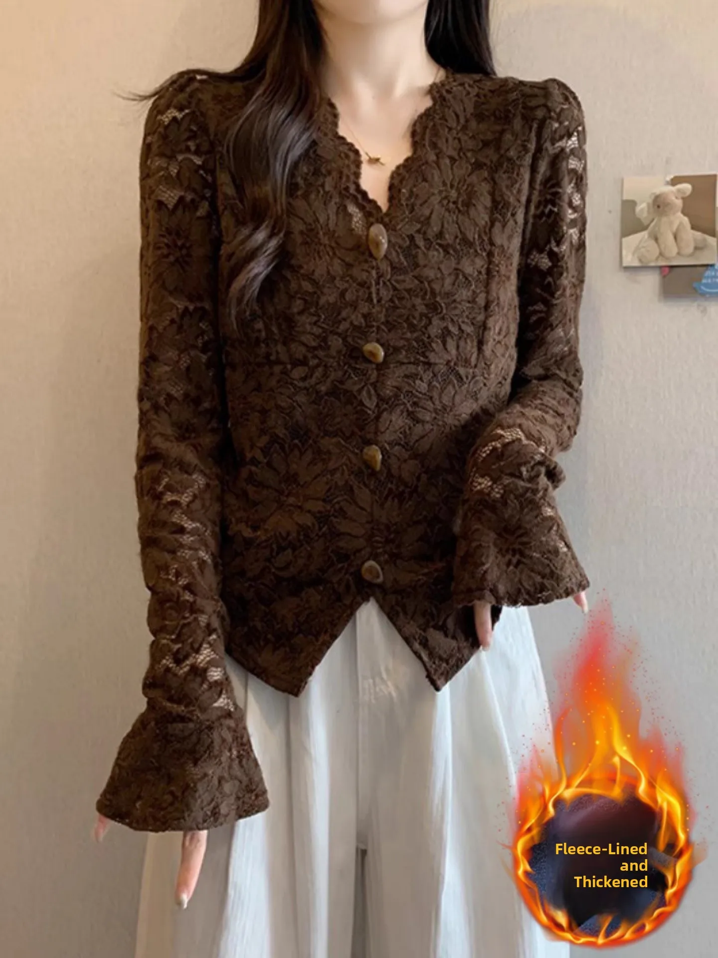 

Ele Fce Lined Long Sve Lace irt Women's plus Size Slim Fit Warm Top Korean Sle Commute Faion Color