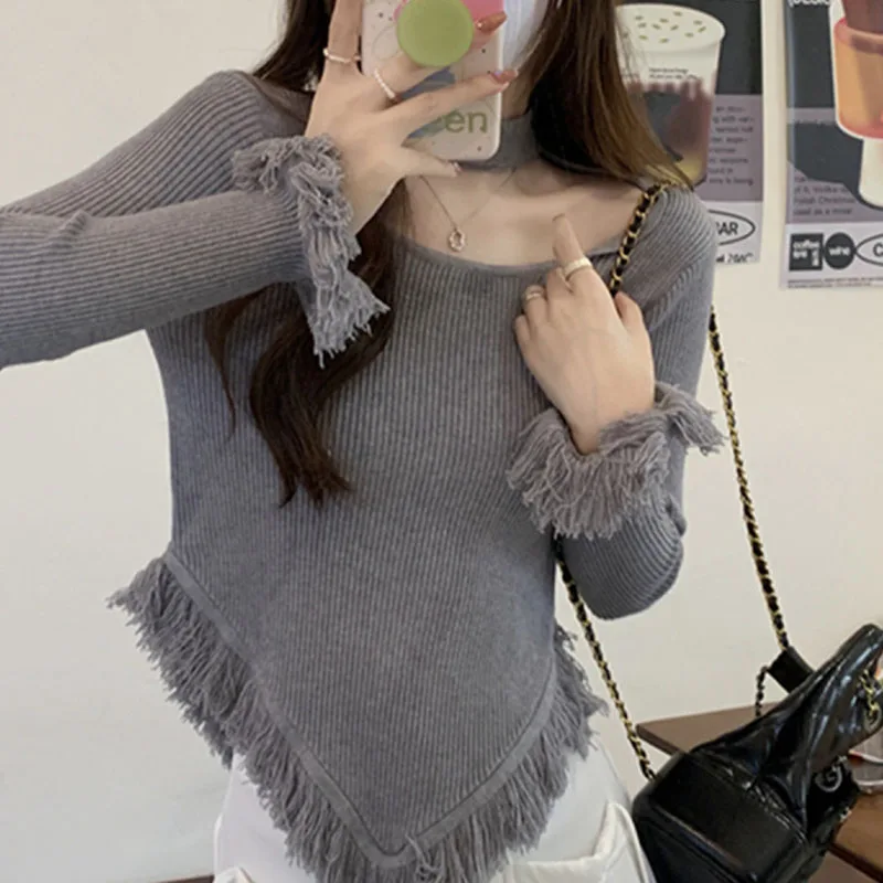 Women\'s Round Neck Hanging Neck Asymmetrical Pullovers Knitted Sweaters Autumn Winter New Fashion Elegant Slim Long Sleeve Tops