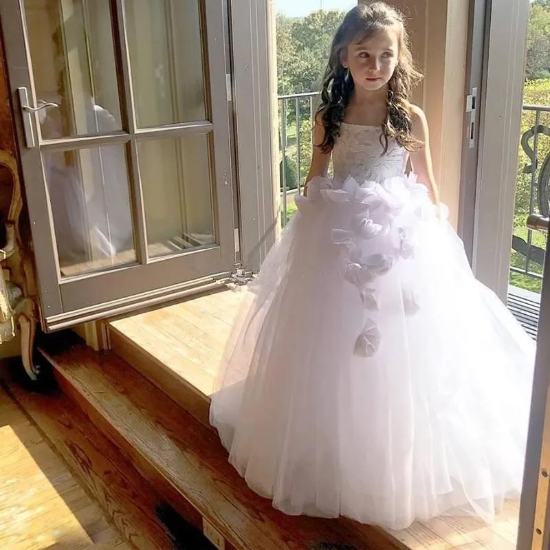 Matrimoni Spaghetti pizzo Tulle senza maniche fiore ragazze abiti per bambino prima comunione abiti da spettacolo principessa