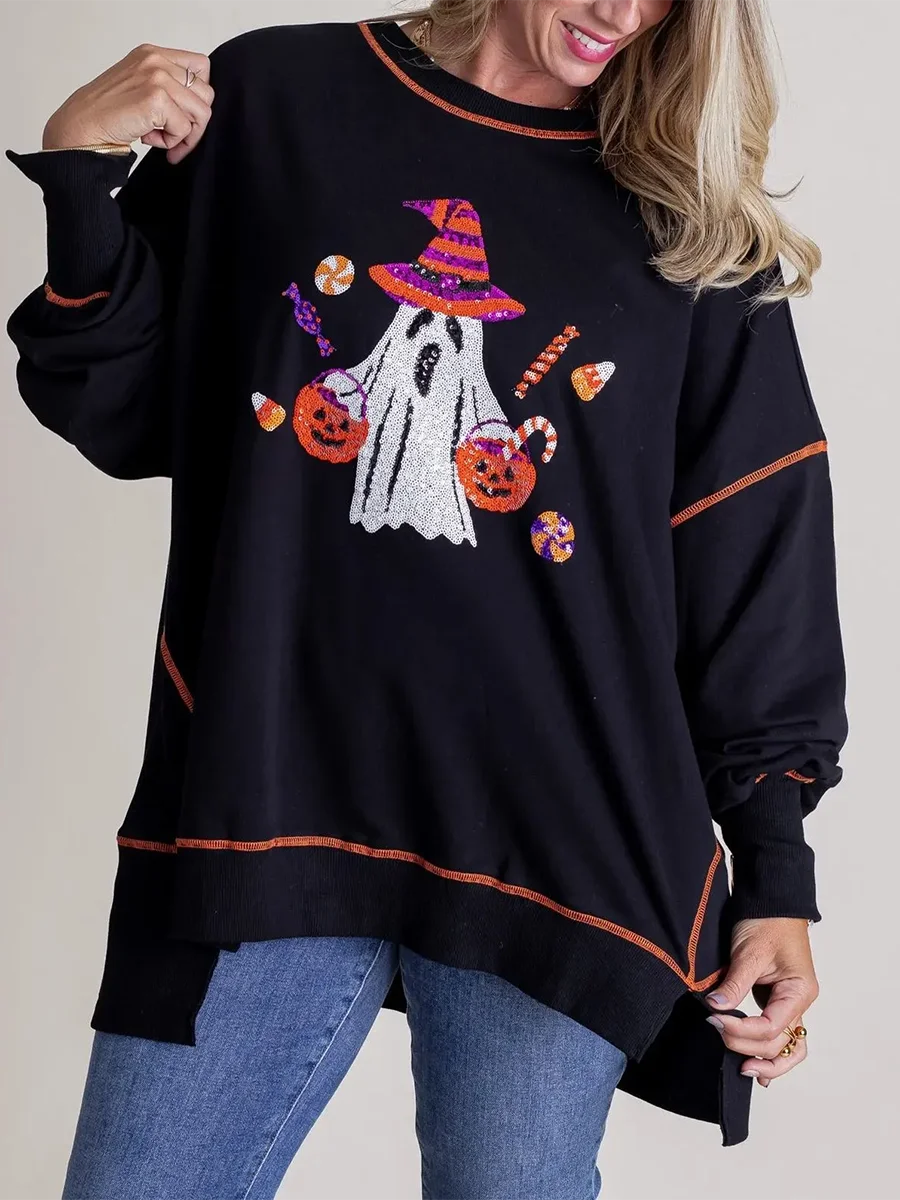 

Hot Women'S Halloween Sweatshirt With Sequined Ghost Pattern Long Sleeved Pullover and Black Sequined Sweatshirt