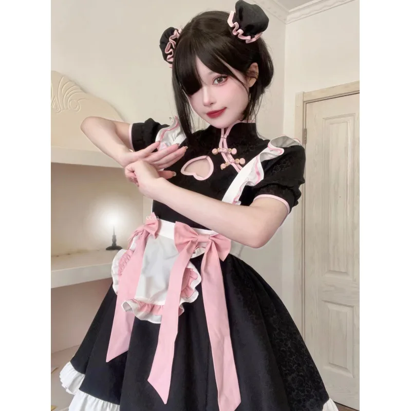 Chinese style Peach blossom lolita disc buckle hollow cheongsam dress Lolita skirt