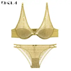 Comfortable Thin Underwear Set Lace Hollow Fashion Green Bra Sets Women Lingerie Embroidery Brassiere A B C Cup Sexy Bras Deep V