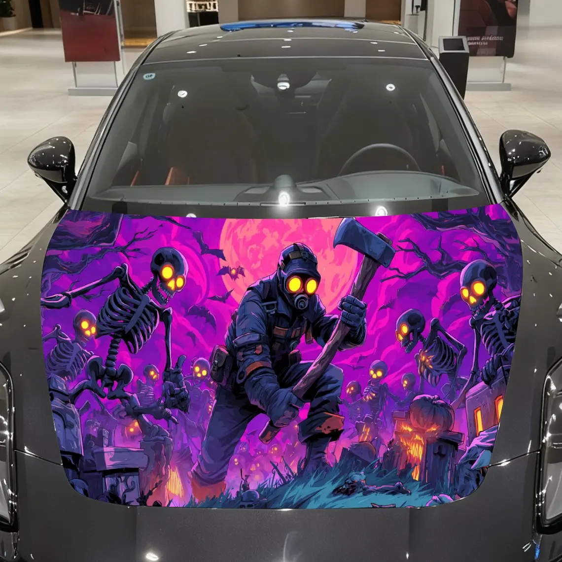 

Purple Realm Halloween Cemetery Axe Fiend Car Vinyl Wrap, PVC Material Waterproof Car Hood Sticker, Self-Adhesive Scratch-Resist