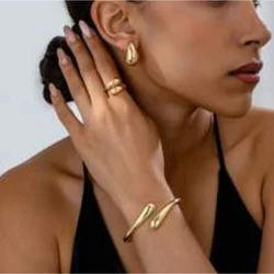 Wide Metal Earring Bangle Ring Set for Women Gold Silver Color Chunky Waterdrop Open Wrist Cuff Thick Irregular Twisted Jewelry